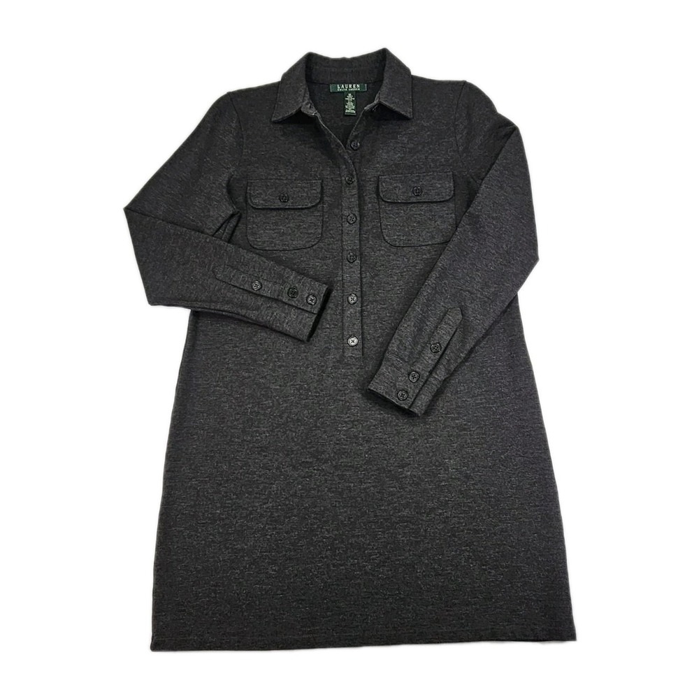 Ralph Lauren Womens Med Collared Shirt Dress Dark Grey‎ Long Sleeve Ponte Knit